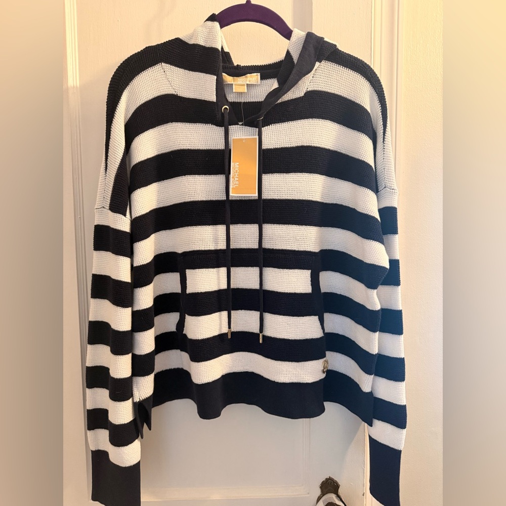 Michael Kors Black & White Striped Hooded Sweater